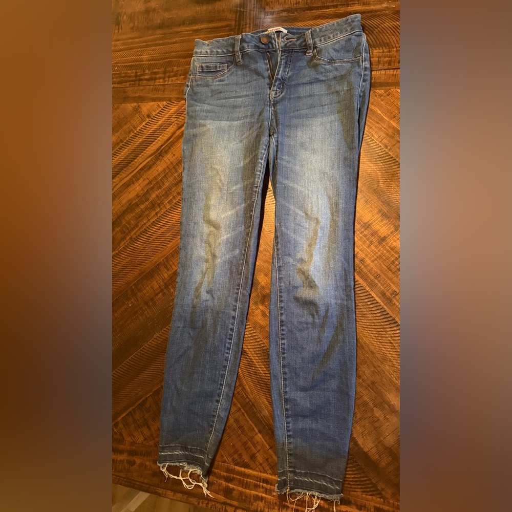 refuge Blue Skinny Jeans with Frayed Hem- Back Pocket Seam undone